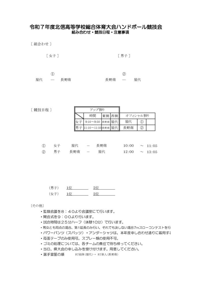令和7年度北信高等学校総合体育大会ハンドボール競技会　組み合わせ